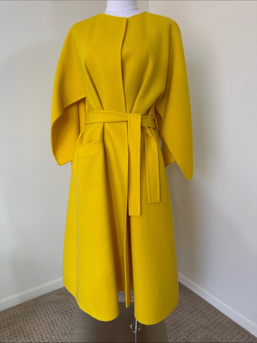 Vintage Pierre Cardin Paris Yellow Wool Belted Wrap Coat Made in France Jacket